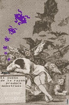 Bearbeitete Version der Radierung "Der Schlaf der Vernunft gebiert Ungeheuer" von Francisco Goya (1799): Verpixelt und mit Space Invaders, die aus dem Kopf des Träumenden steigen
